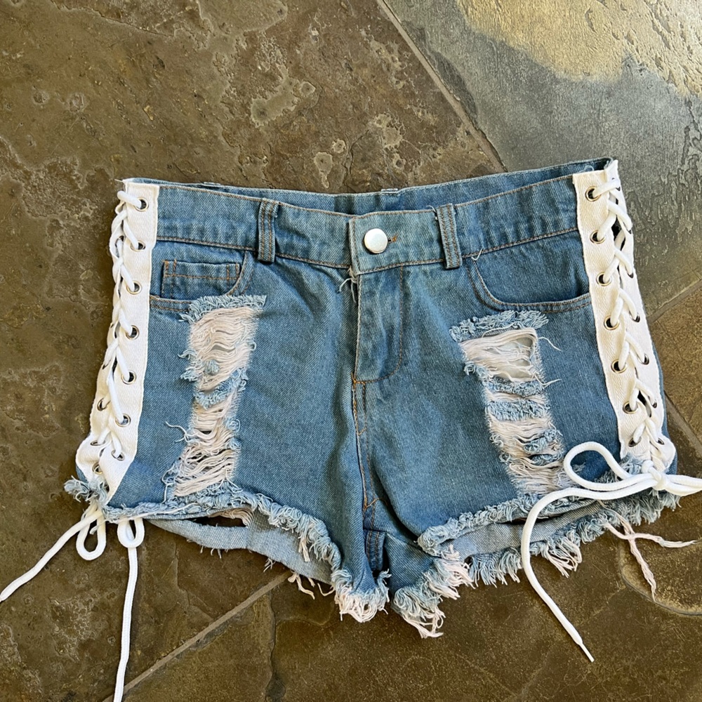 Denim Lace-Up Distressed Shorts